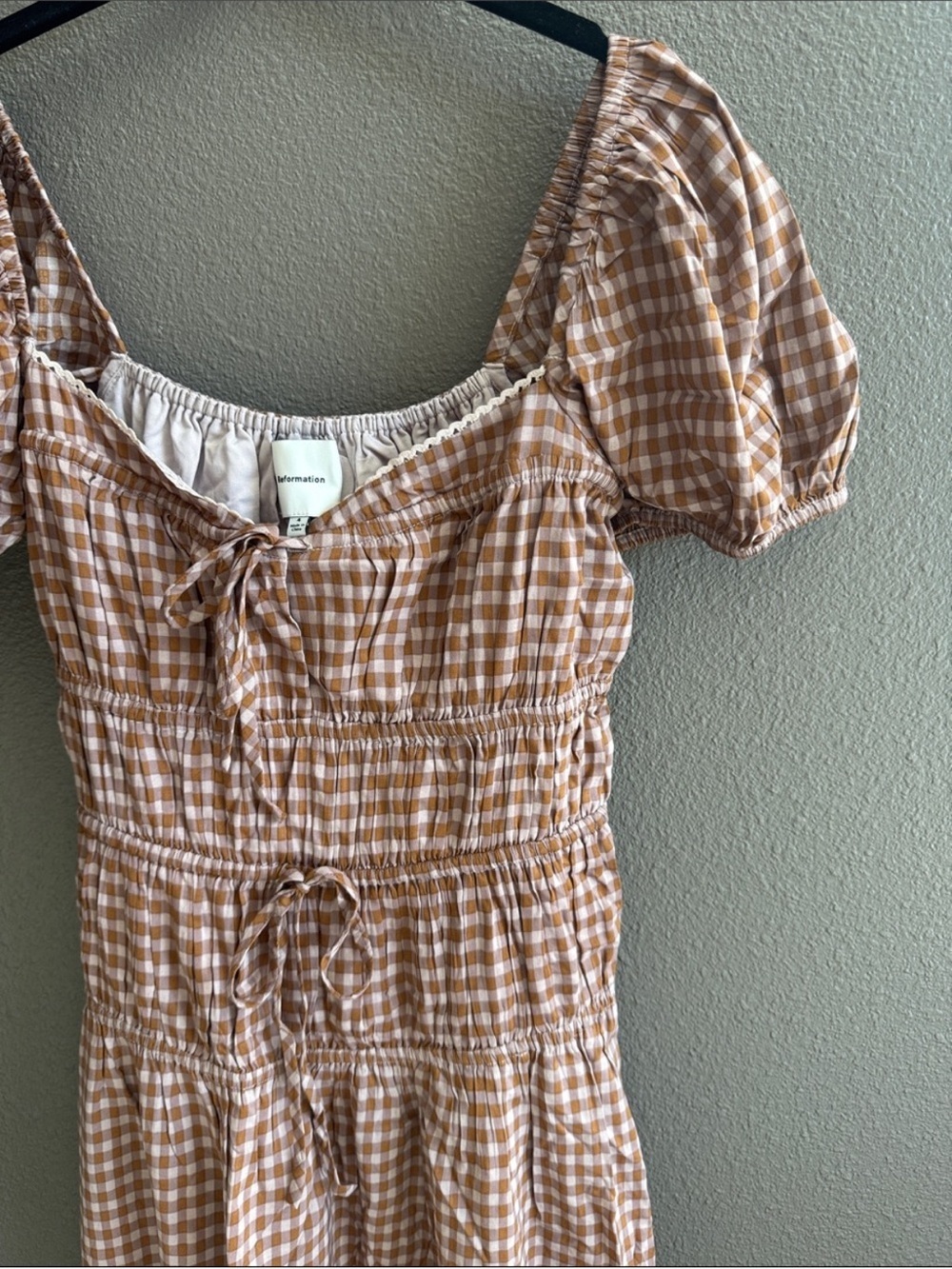 Reformation Rhett Midi Dress Smocked Gingham Midi Dress in Brown 4 - Picture 8 of 10